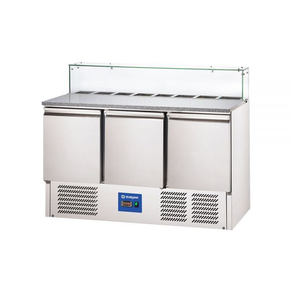 STARLINE Pizzatisch mit Glasaufsatz und drei Türen, GN1/1, 1365x700x1075 mm (BxTxH), 402 L