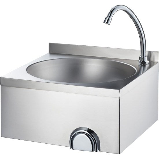 Handwaschbecken zur Wandmontage 400x400x225 mm mit Kniebedienung inkl. Armatur, mit Aufkantung
