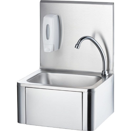 Handwaschbecken zur Wandmontage 400x330x570 mm, mit Kniebedienung inkl. Armatur, Seifenspender und Wandpaneel