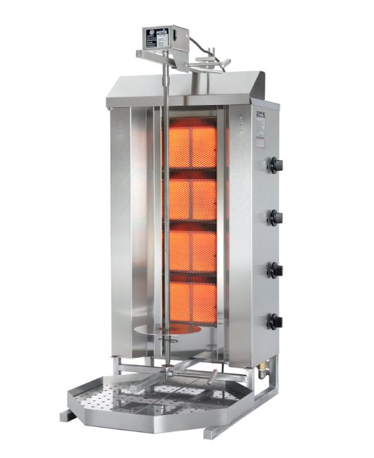 Potis GD4 Gas Dönergrill, 4 Doppelbrenner Gyrosgrill, 14kW, 70kg Kapazität, Motor oben, Edelstahl Gastro