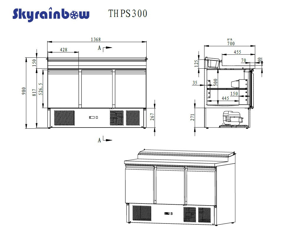 Saladette/Zubereitungstisch 3 Türen, Unterbaukühlung, 137x70