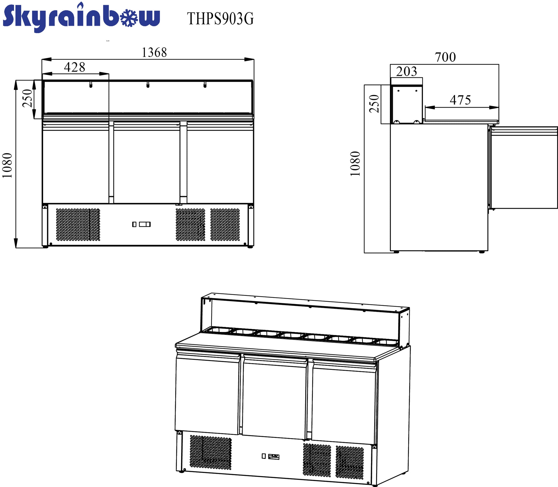 Pizzasaladette 3 Türen, eckiger Glasaufsatz, 137 x 70