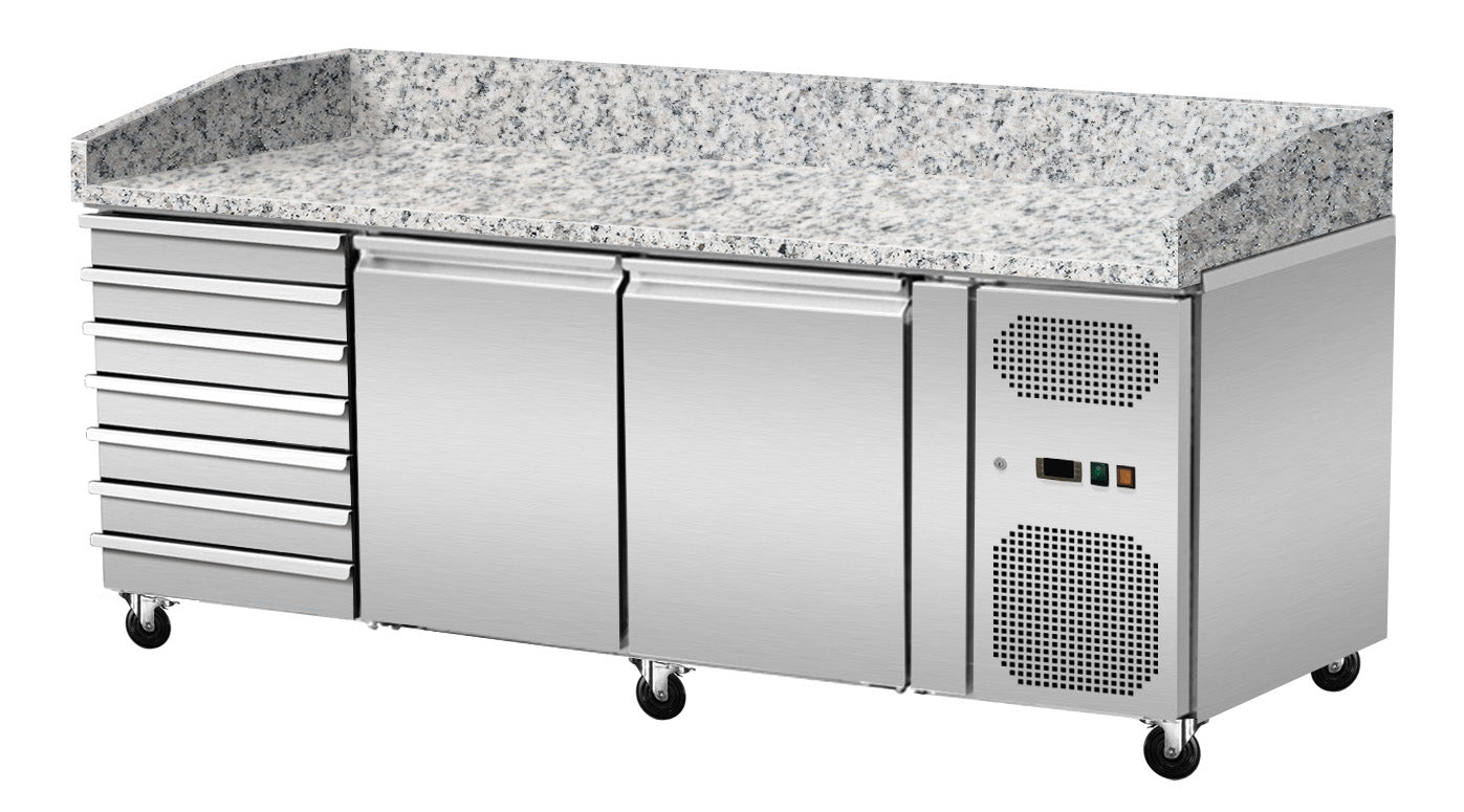 Pizza Kühltisch, Granit rosa-grau, 2 Türen 7 ungek. Schubladen, 203 x 80