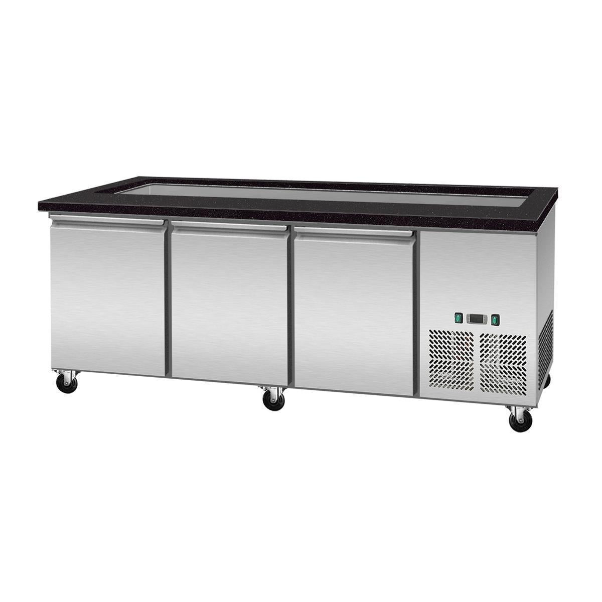 Salattheke, SNACK-Line, Kalte Theke, 5x GN1/1, Granit Star Galaxy schwarz, 188x82x85.5 Glasaufbau Klarglas ohne Zwischenablage, H=396mm