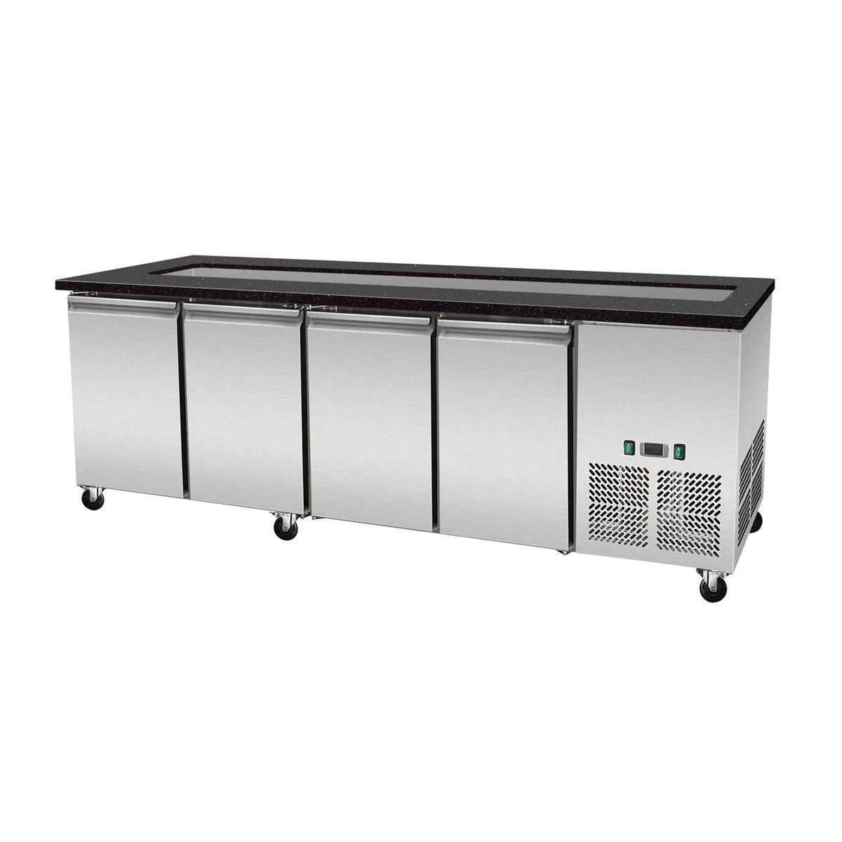 Salattheke, SNACK-Line, Kalte Theke, 6x GN1/1, Granit Star Galaxy schwarz, 223x82x85.5 Glasaufbau Klarglas ohne Zwischenablage, H=396mm