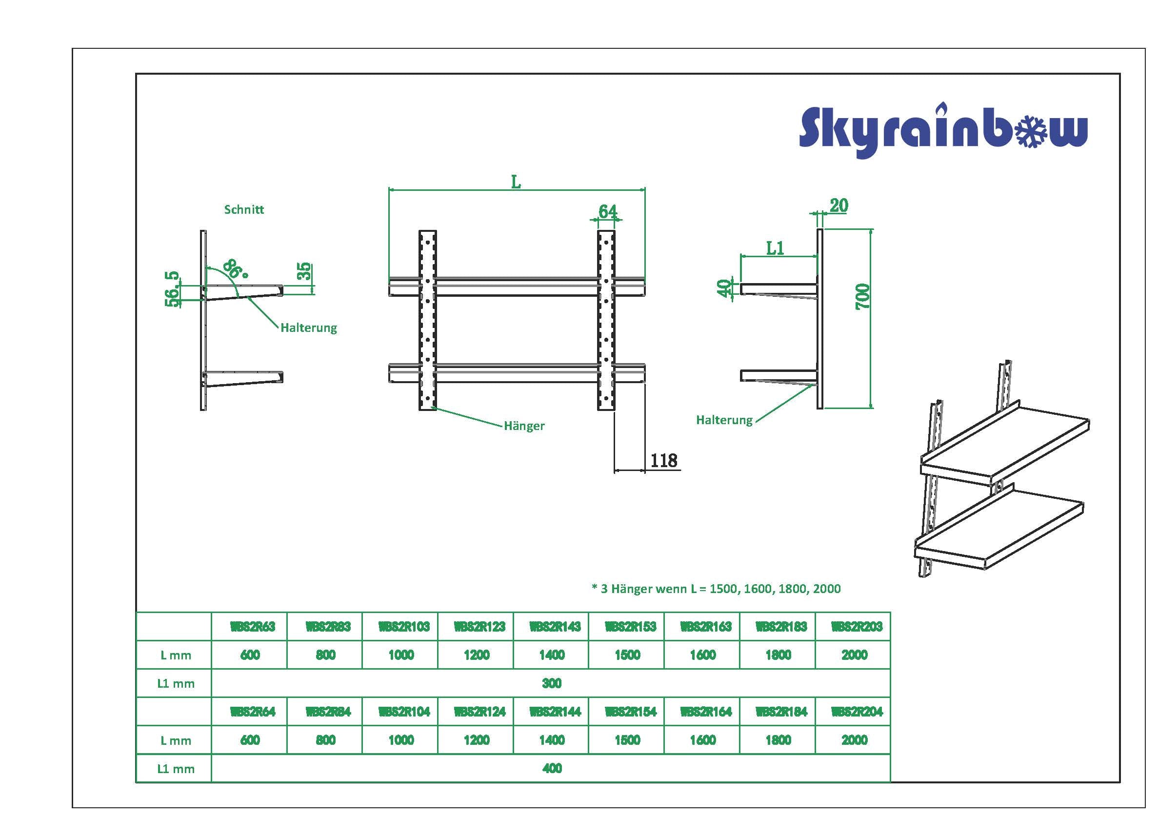 Wandbord Edelstahl verstärkt, 2 Böden, 170x40